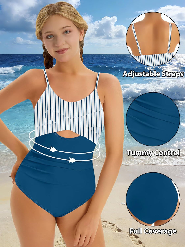 Girl Swimsuit One Piece Bathing Suit Cutout Adjustable Straps Padded High Waisted Girls Swimwear