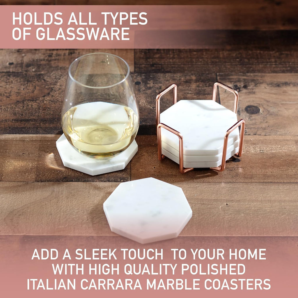 White Carrara Marble Tabletop Coasters with Storage Holder - Set of 5