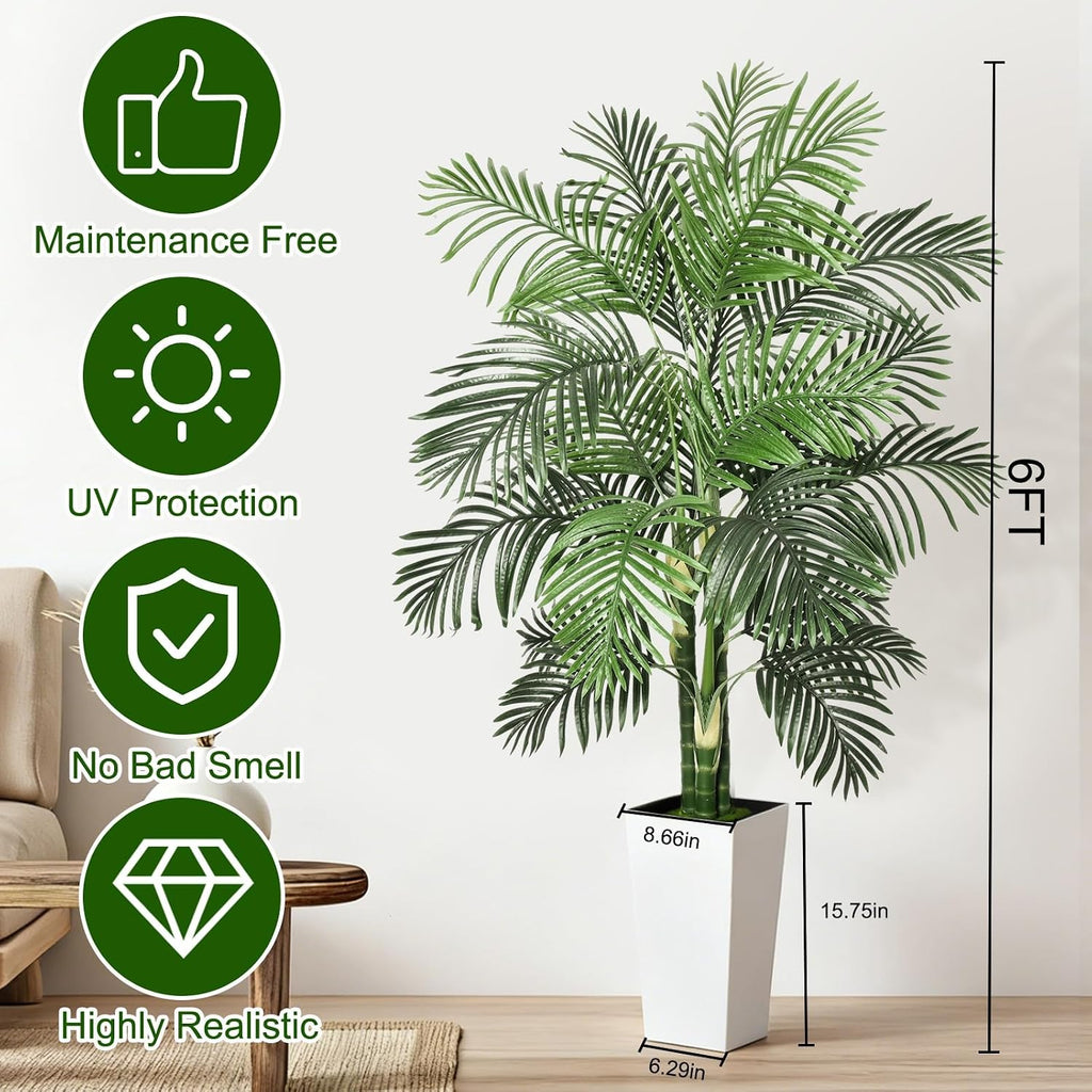 Fake Palm Tree Decor 6 FT Artificial Plants Indoor with White Tall Planter, UV Resistant Areca Palm Fake Tree with 3