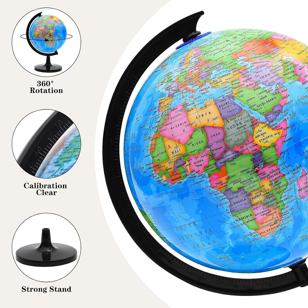 World Globe for Kids Learning, 8 inch Interactive Spinning Earth Globe for Children with Stand, Self-Assembled World