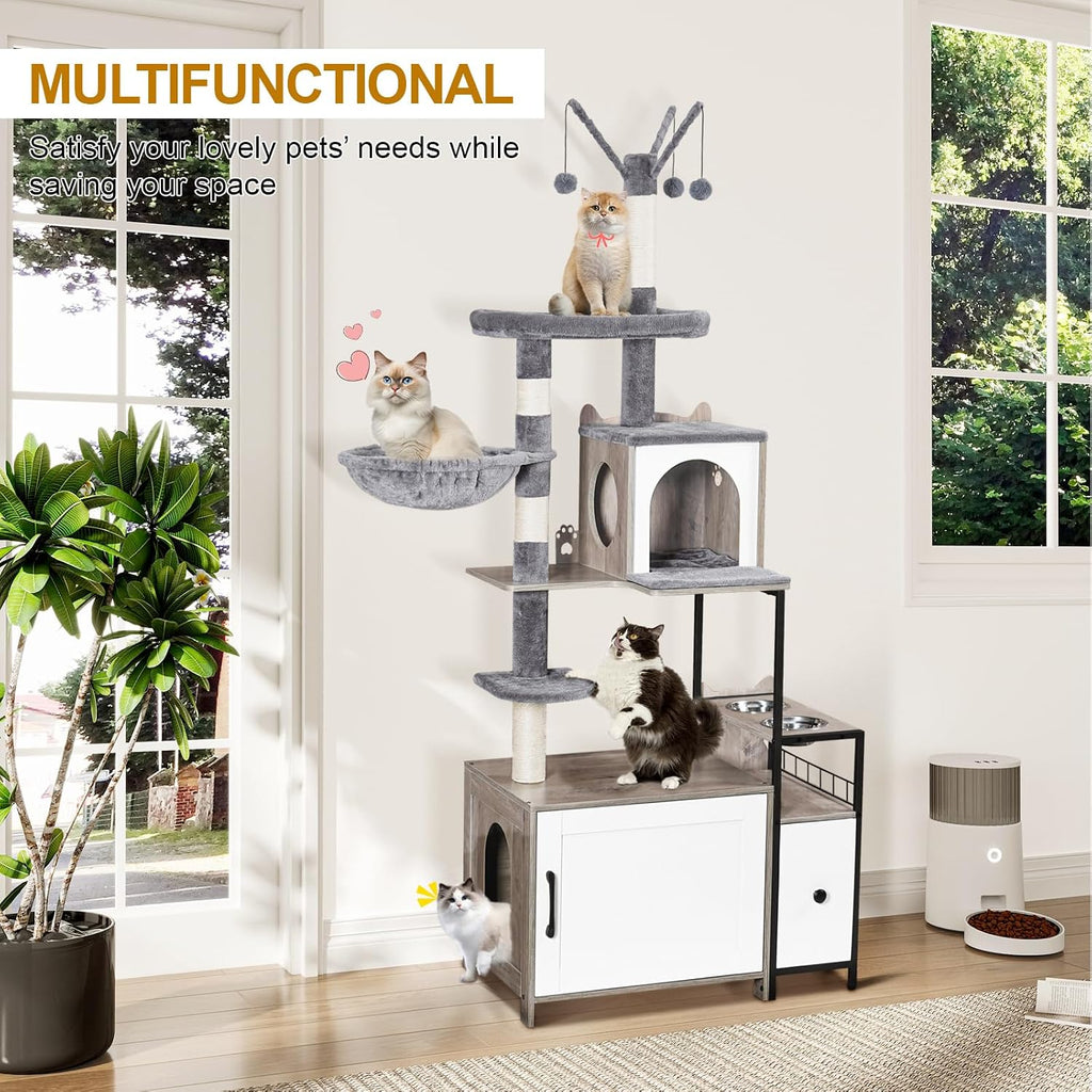 Cat Tree with Litter Box Enclosure, 3-in-1 Modern Cat Tower for Indoor Cats, 67.32'' Hidden Cat Litter Box Furniture