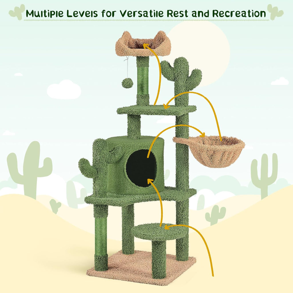 54in Green Cactus Cat Tree with Sturdy Multi-Level Platforms