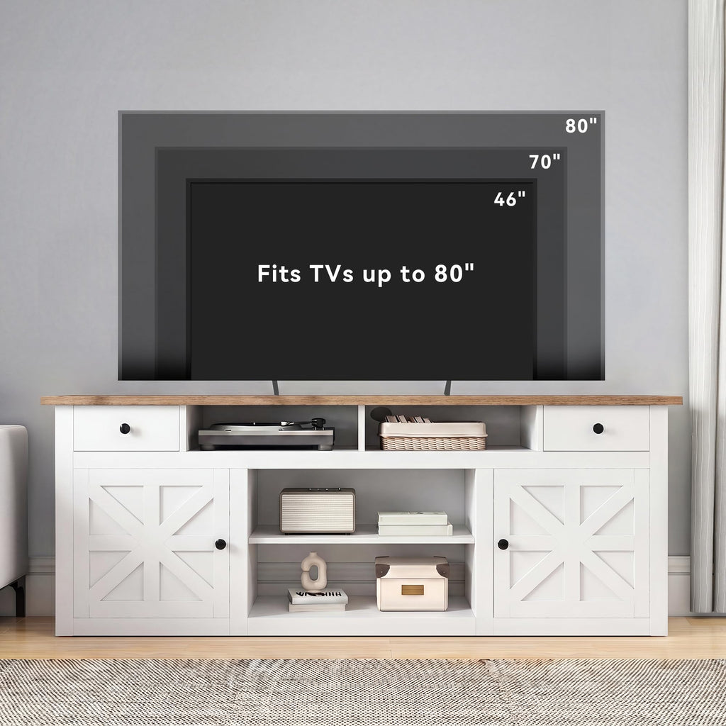 Farmhouse TV Stand with Power Outlet for 75"/80" TVs, White+Walnut Top