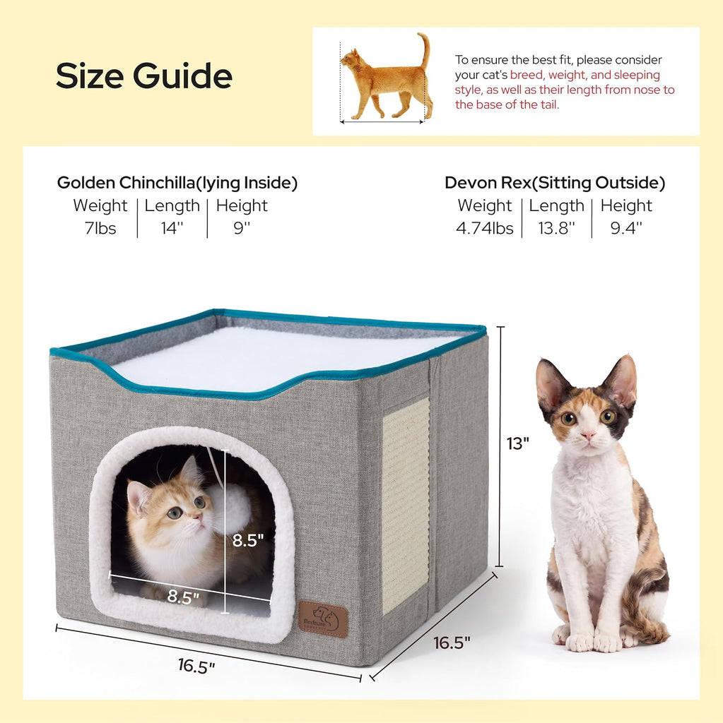 Cat House Bed for Indoor Cats with Fluffy Ball and Scratch Pad, Grey