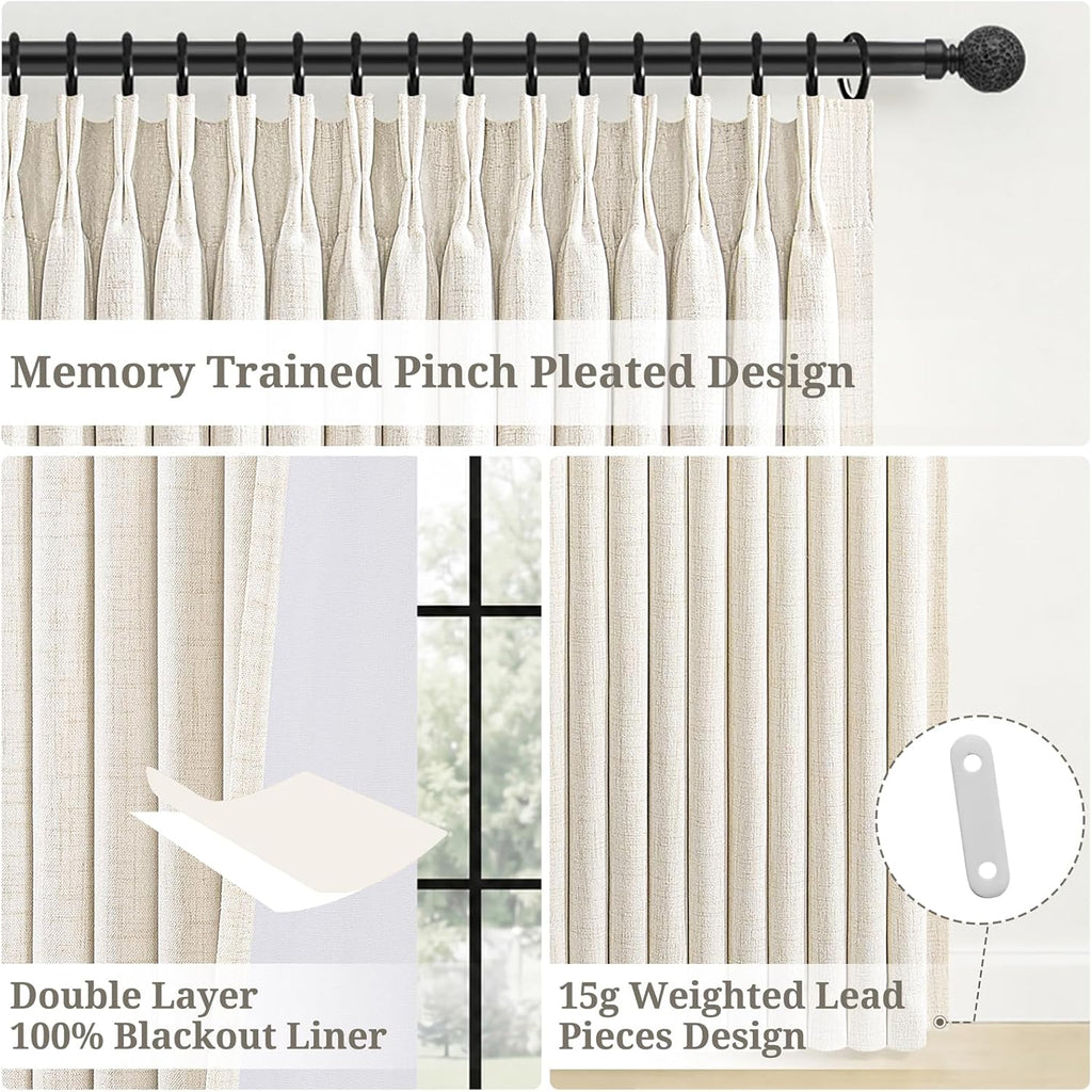 102 Inch Long Curtains Blackout Pinch Pleat Linen Drapes for Living/Bedroom 2 Panels,Two Layers Noise Reducing