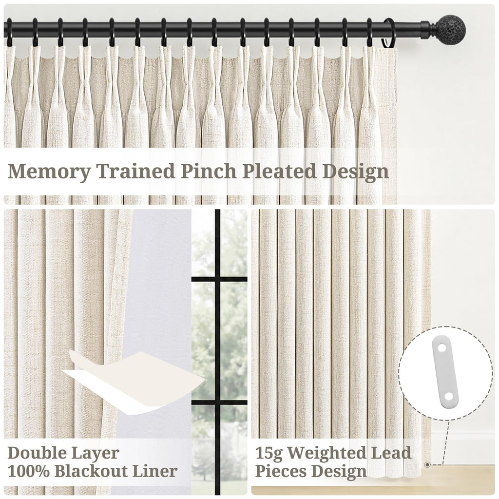 Pinch Pleated Linen Curtains Blackout 96 Inches Long 2 Panels Set for Living/Bedroom Darkening Viral Thermal Memory