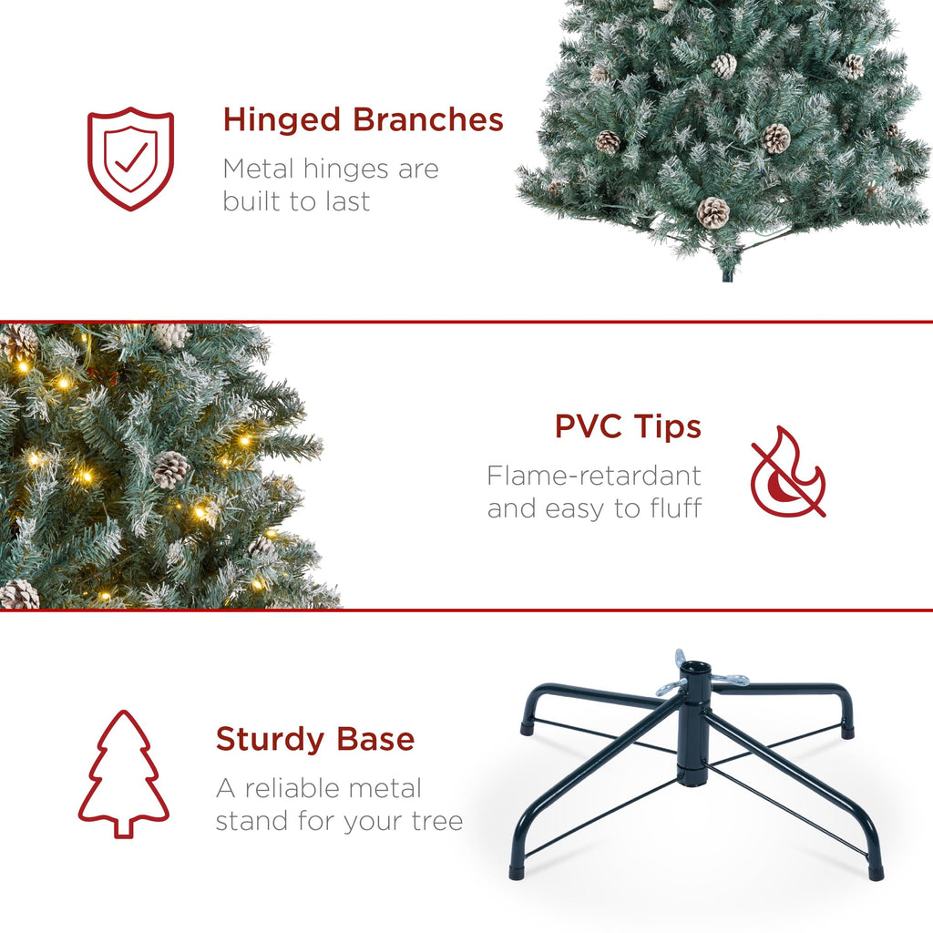 7.5ft Pre-Lit Pre-Decorated Pine Artificial Christmas Tree w/ 1, 346 Flocked Frosted Tips, 80 Pinecones, 550 Lights