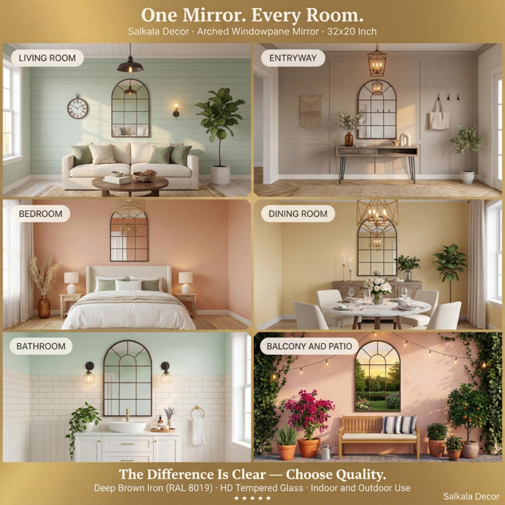 Brown Framed 48x28Inch Arched Window Pane Mirror| Arched Mirrors for Wall & Floor | Arch Mirror Full Length Living
