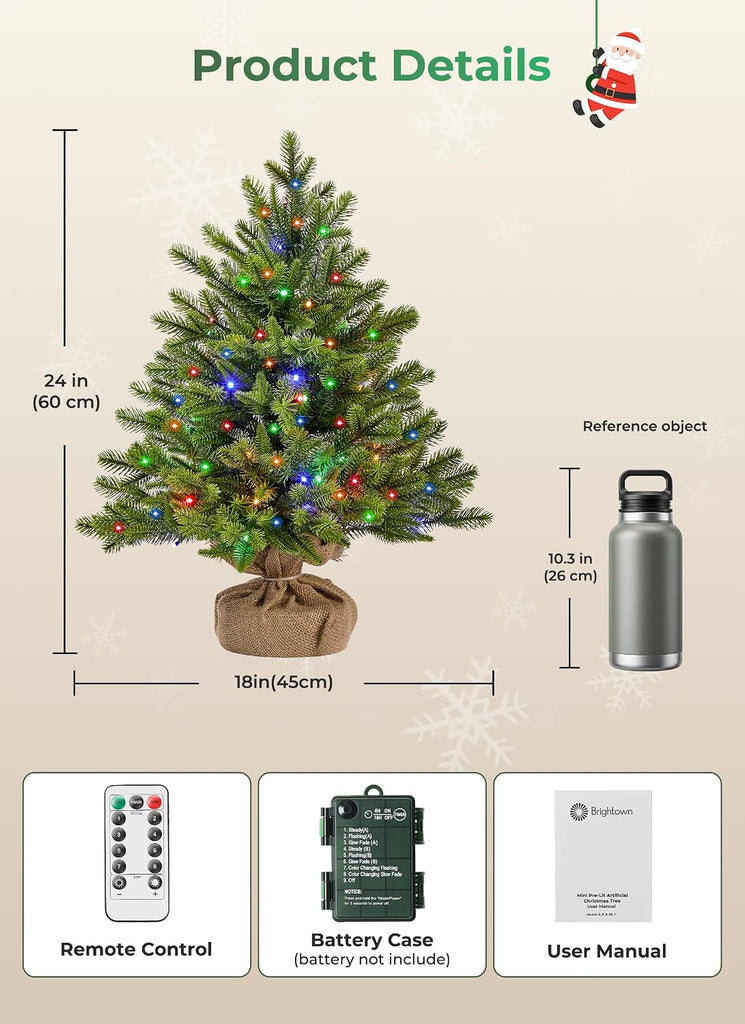 2ft Pre-lit Artificial Mini Christmas Tree, Small Tabletop Decor