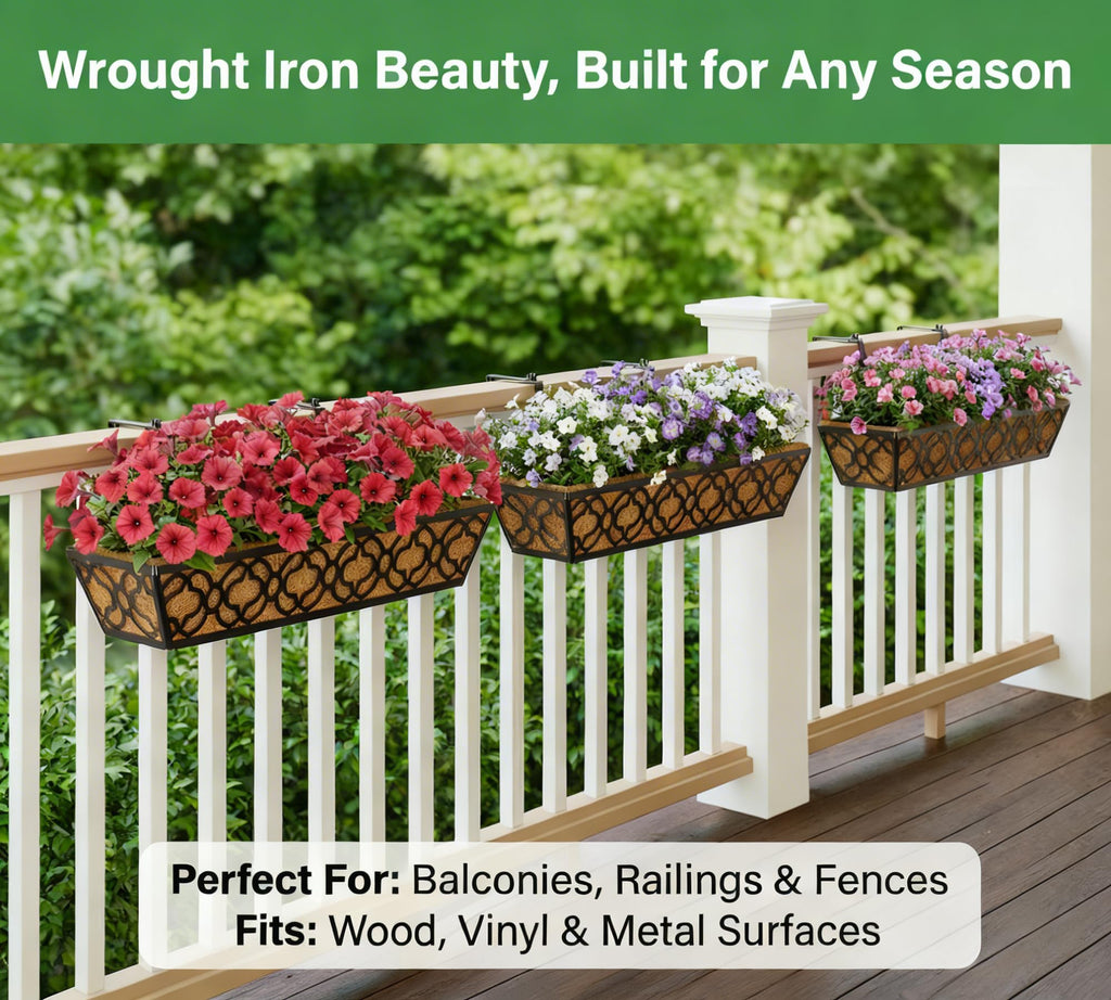 Deck Railing Planter Boxes, Adjustable Balcony Planter for Outdoor Plants, Metal Railing Planter Box for Deck, Fence