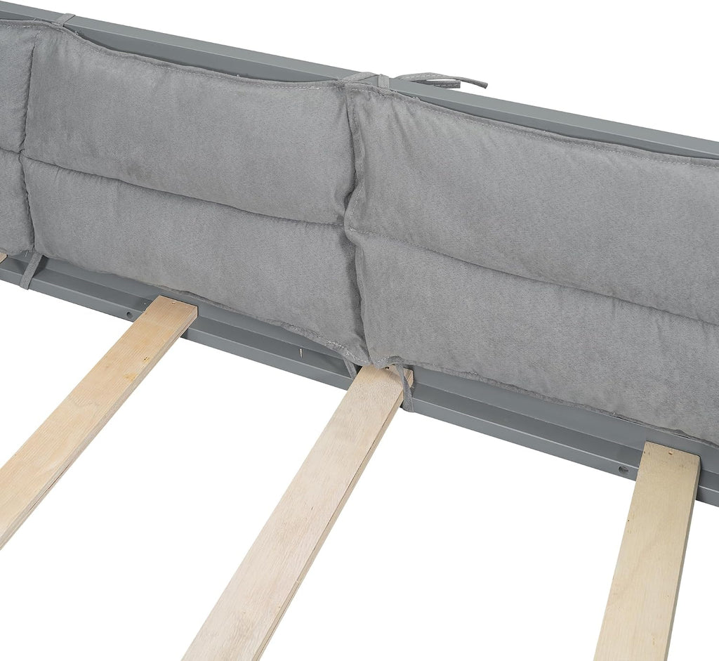 Floor Bed with Fence and Pillow, Kids Montessori Bed with Safety Guardrails, Solid Wood Playhouse Bed Frame