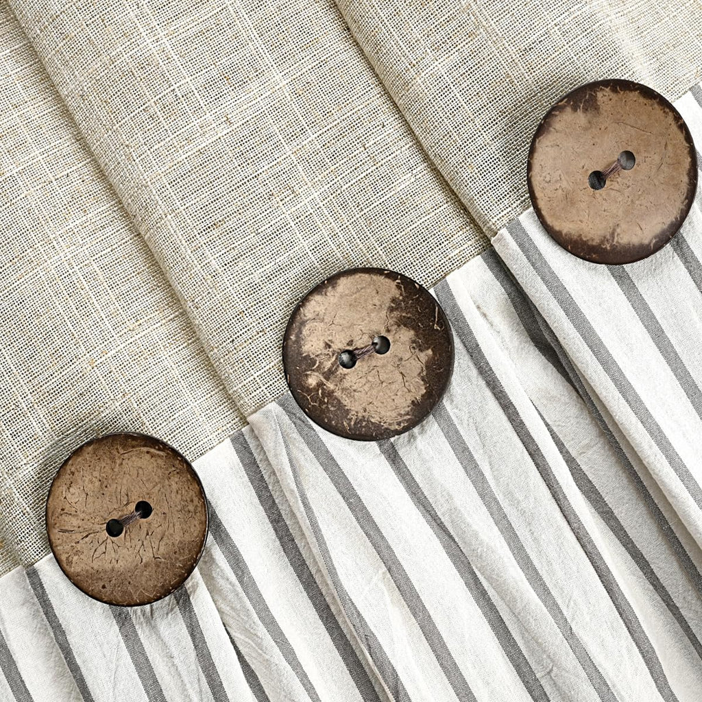 Ides Farmhouse, Beige and Gray Stripe, Button Curtain, Linen and Cotton Woven Fabric, Rustic Charm Country Chic