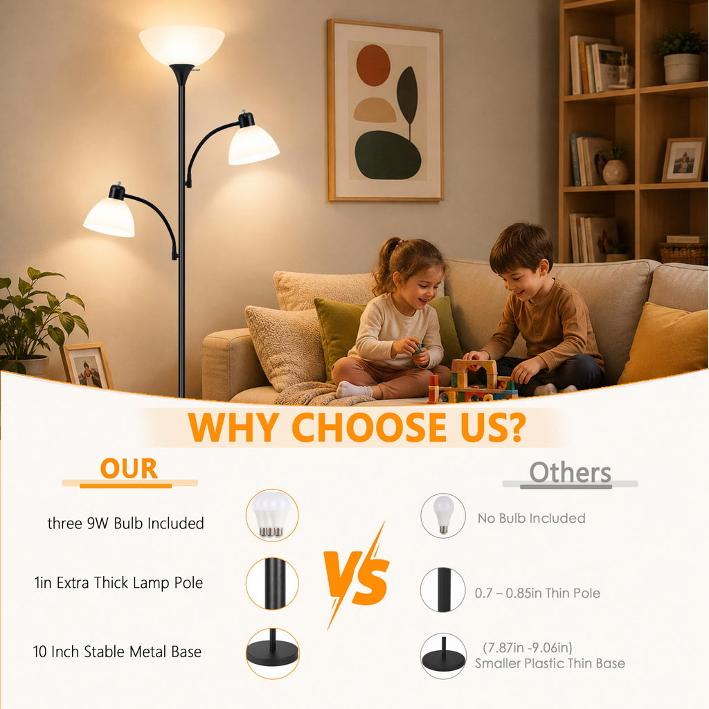 72" 3-Head Torchiere Floor Lamps with 2 Reading Lamp -Black