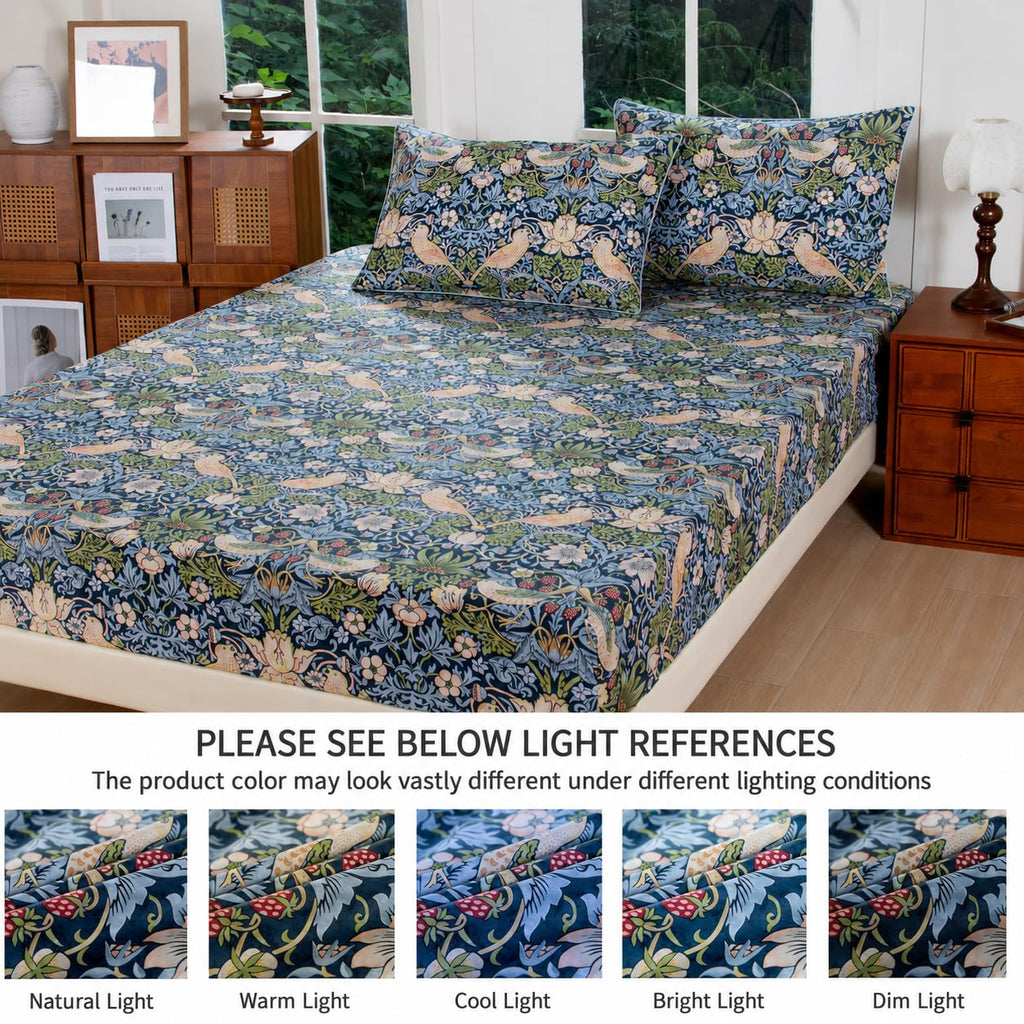 King 100% Egyptian Cotton Sheets Set 4 Piece, Vintage Botanical Floral Bird Print, Luxury Soft Breathable Cooling