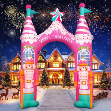 12 FT Giant Christmas Archway Inflatables Nutcracker with LED Lights, Pink Xmas Arch Inflatable Stereoscopic Blow up