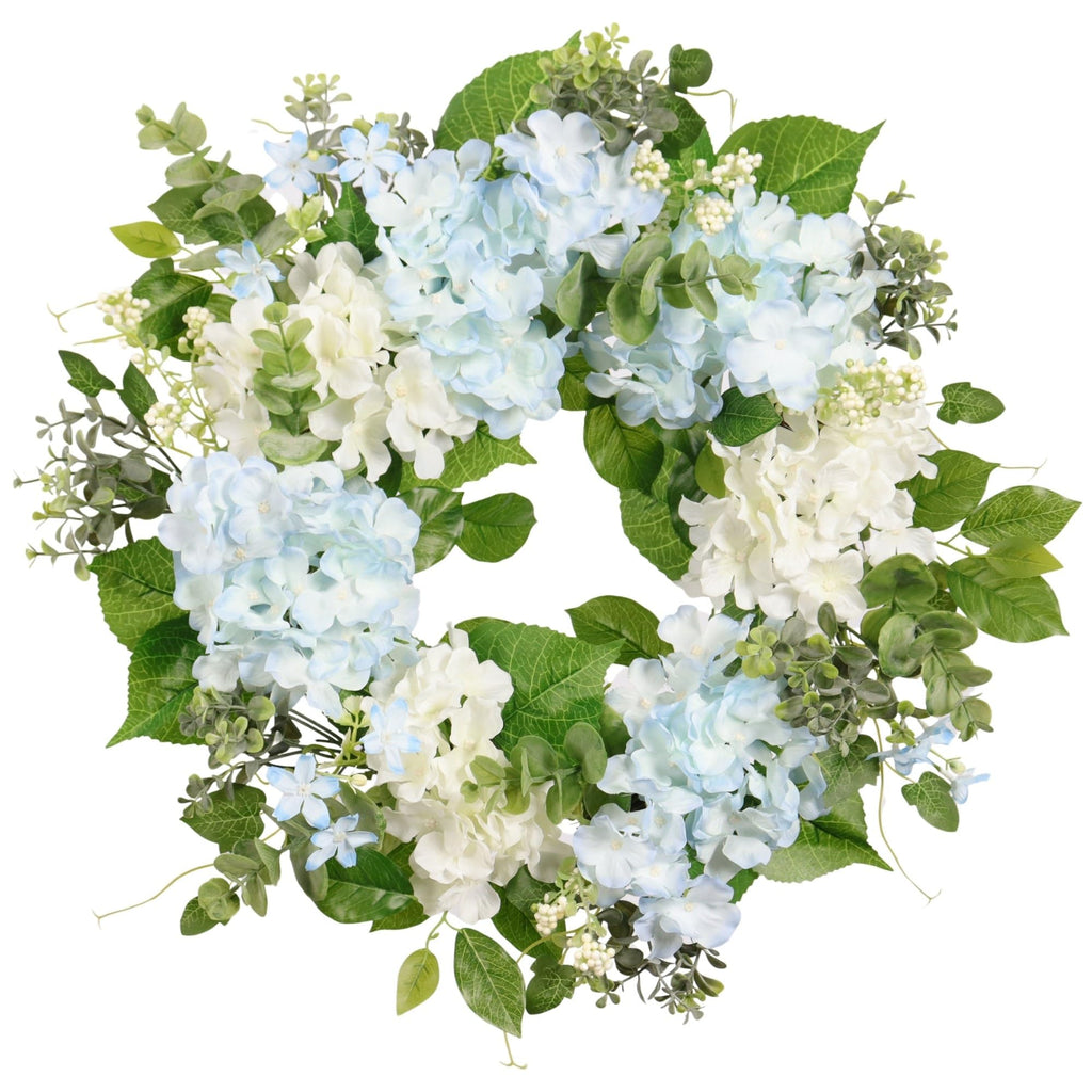 Spring Wreath Artificial Hydrangea Eucalyptus 20IN, Light Blue White Green, Spring Easter Summer Front Door Wall