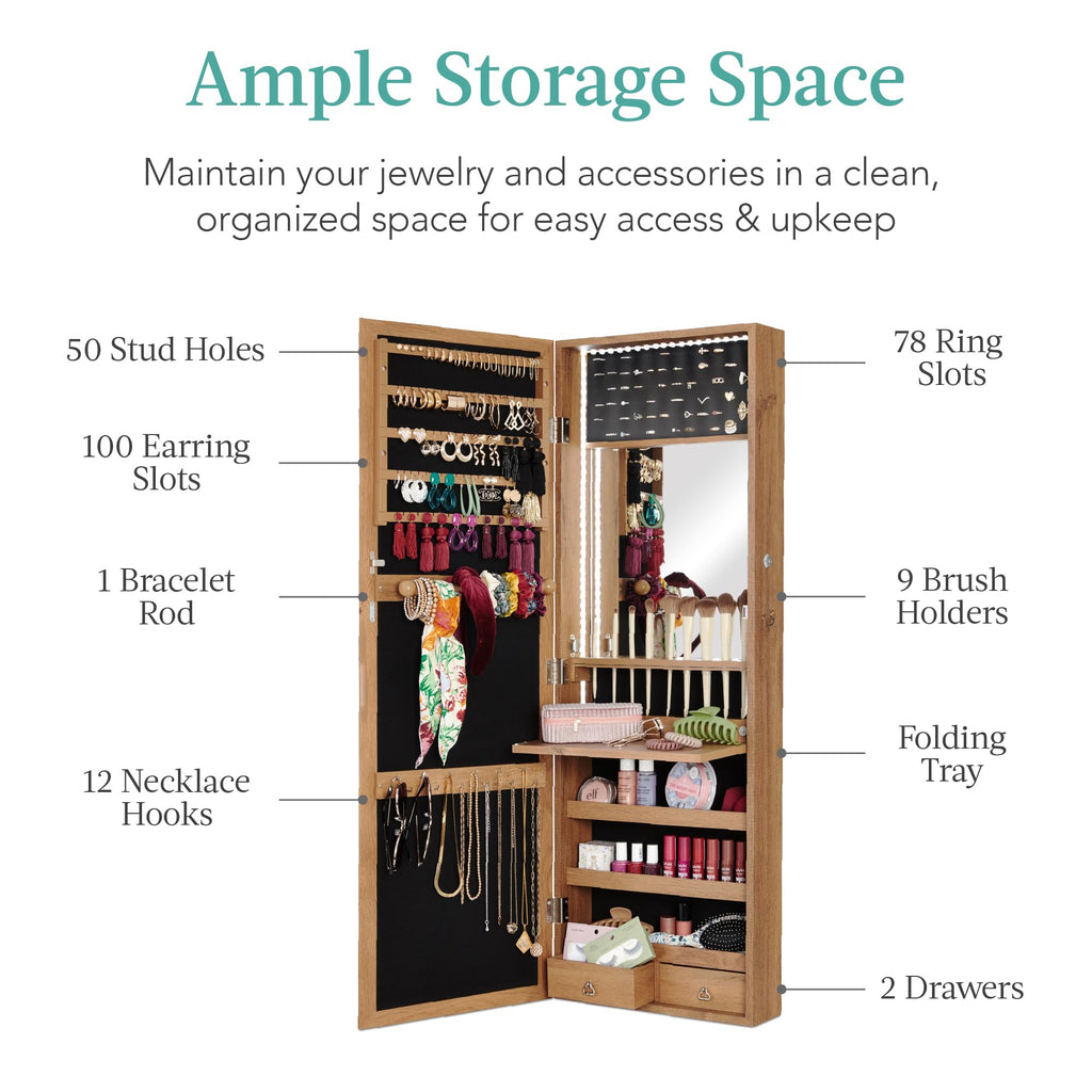 LED Mirror Jewelry Cabinet, Tall Lockable Wall or Door Mounted Jewelry Armoire Organizer with Mirror, 2 Drawers