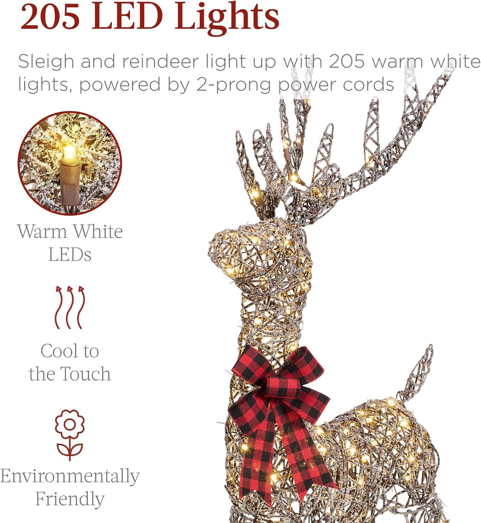 Lighted Christmas 4ft Reindeer & Sleigh Holiday Outdoor Yard Decoration Set w/ 205 LED Lights, Stakes, Zip Ties