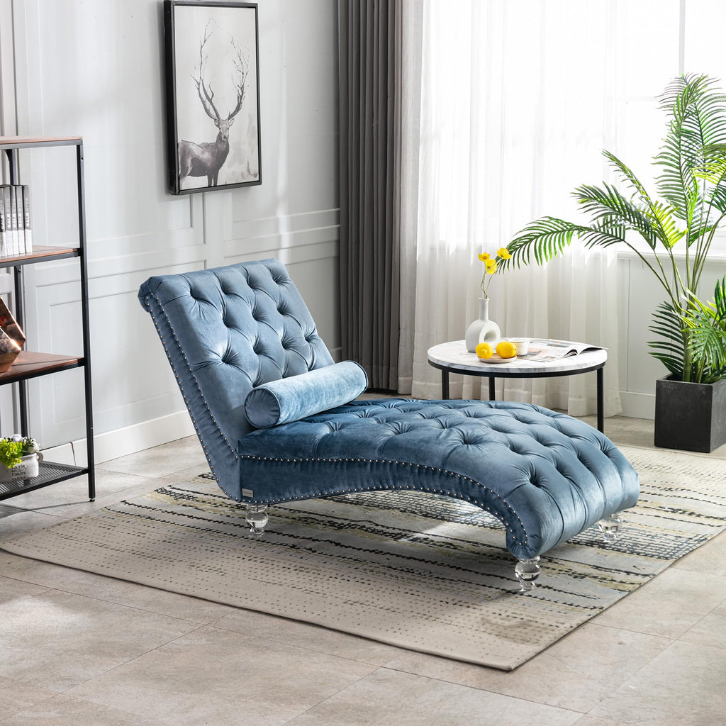 64" Velvet Chaise Lounge Chair Indoor with Ergonomic S-Shaped Backrest & 1 Pillow, Button-Tufted Accent Reclining