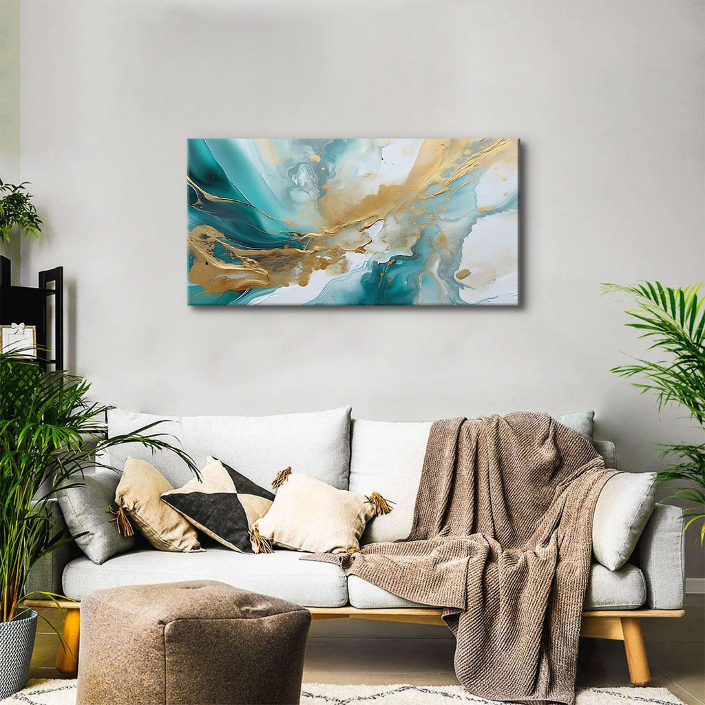 Abstract Teal Canvas Wall Art Marble Canvas Picture Turquoise Wall Decor Watercolor Teal and Gold Fluid Textured