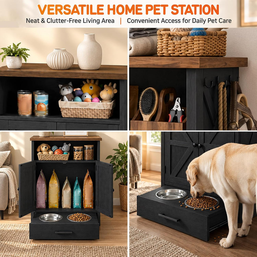 23.6-Inch Dog Feeding Station with Storage, Raised 2-Bowl Cabinet (Black)