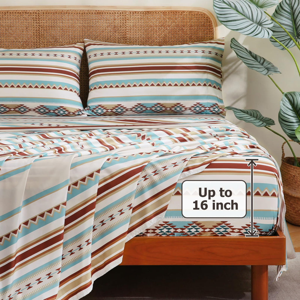 4 Pieces King Sheet Set Bohemian, Boho Sheets Soft Microfiber Deep Pocket, Western Sheets Geometric(King, Colorful
