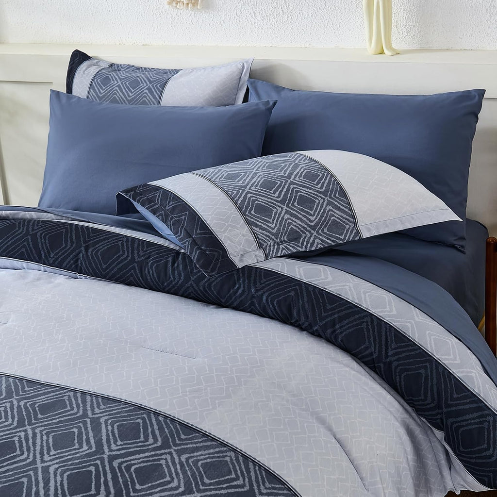 Dinjoy Blue King Comforter Set,Striped Boho Bed in a Bag King 7 Pieces Soft Fall Bedding Comforters Microfiber Mineral