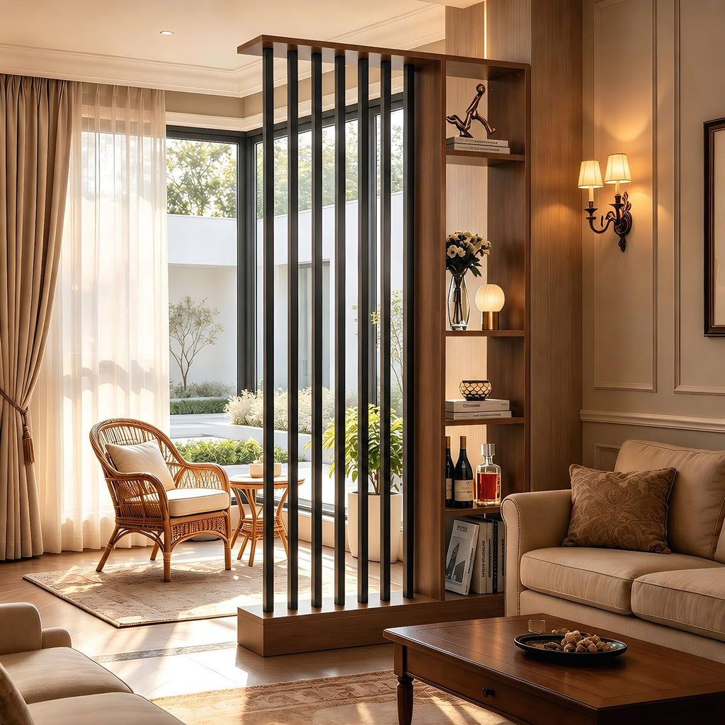 Freestanding Room Divider with Storage Shelves, Slatted Partition Bookcase