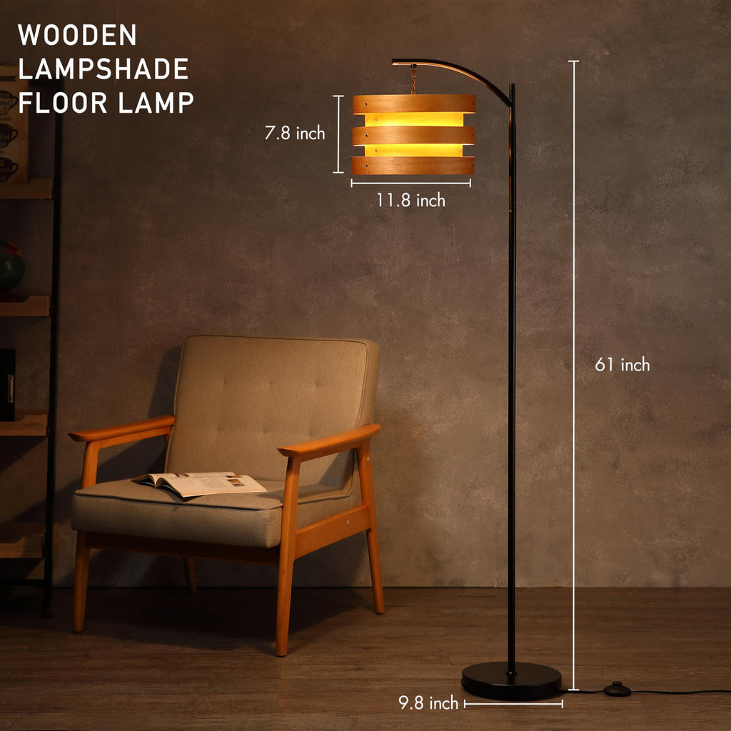 Strata Wooden Floor Lamp - Mid Century Modern Standing Lamp with Layered Wood Shade, Tall Reading Lamp, Black, Light
