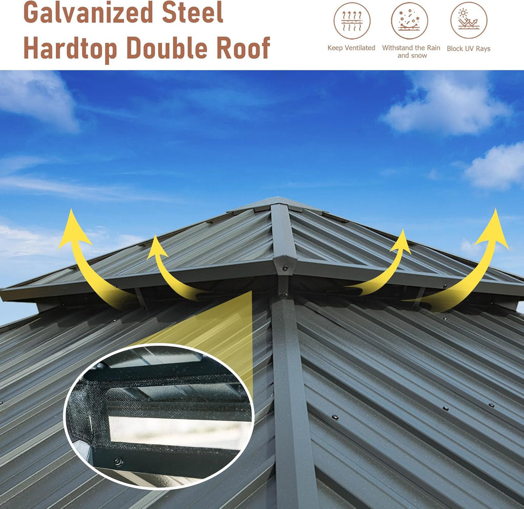 12’ x 12’ Hardtop Gazebo, Outdoor Aluminum Gazebo with Galvanized Steel Double Roof Canopy