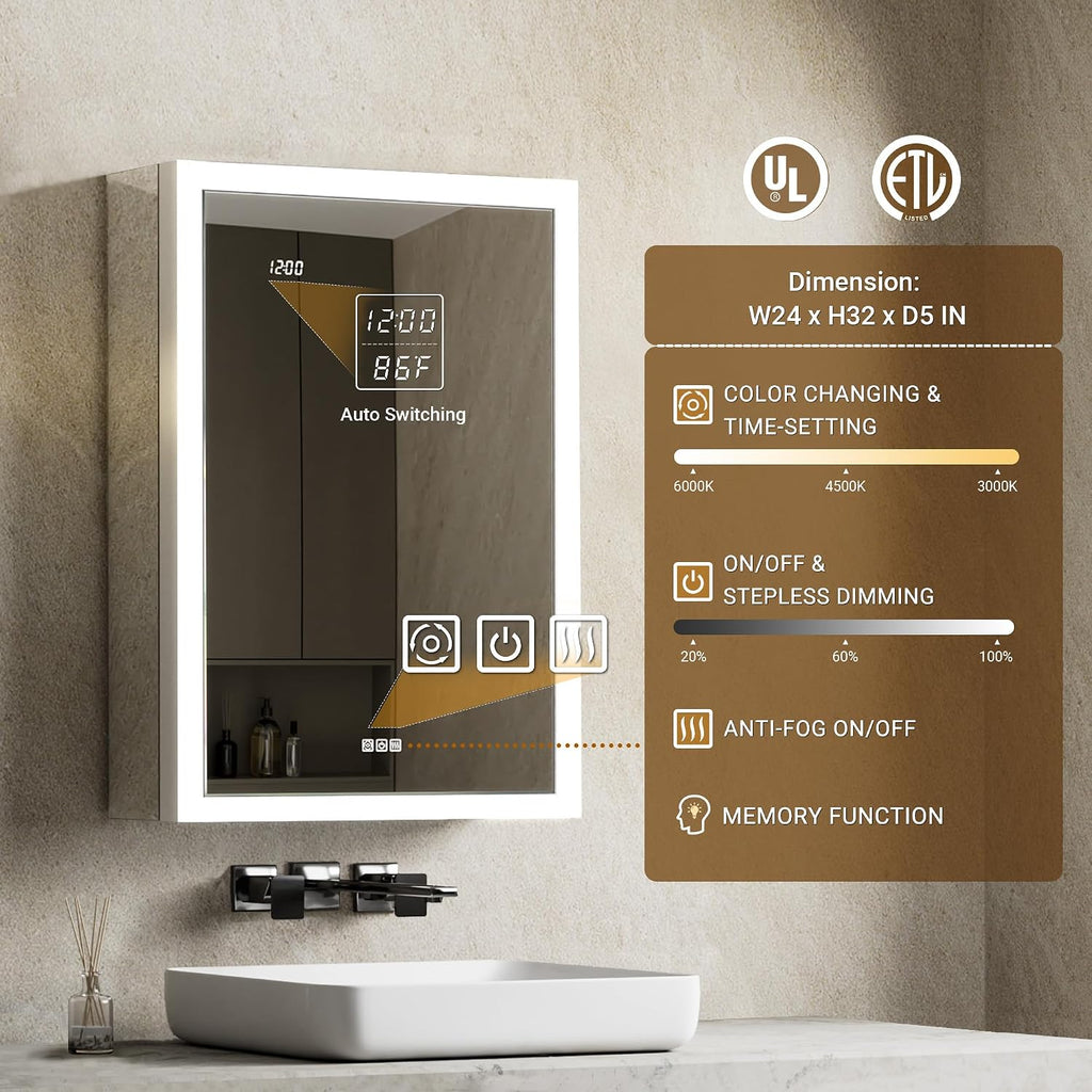 LED Medicine Cabinet with Mirror, 24x32 Surface or Recessed Lighted Medicine Cabinet with Mirror, Dimmable Fogless