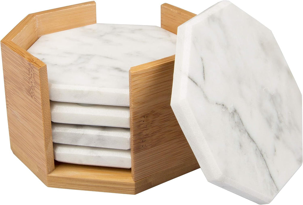 White Carrara Marble Tabletop Coasters with Storage Holder - Set of 5