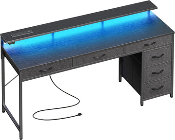 Gaming Desk with 6 Drawers, Computer Desk with LED Lights Power Outlets and Type-C, 55 Inch Office Desk with Storage