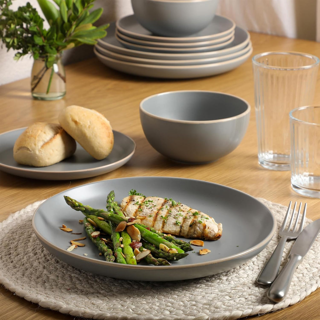 Rockaway 12-Piece Stoneware Dinnerware Set, Matte Finish, Service for 4, Modern Ceramic Plates and Bowls