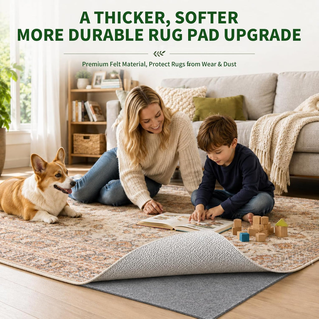 Non Slip Rug Pad Grippers - 8x10 Ft, 1/8" Thick, (Felt + Rubber) Double Layers Area Carpet Mat Tap, Provides - Set of 80