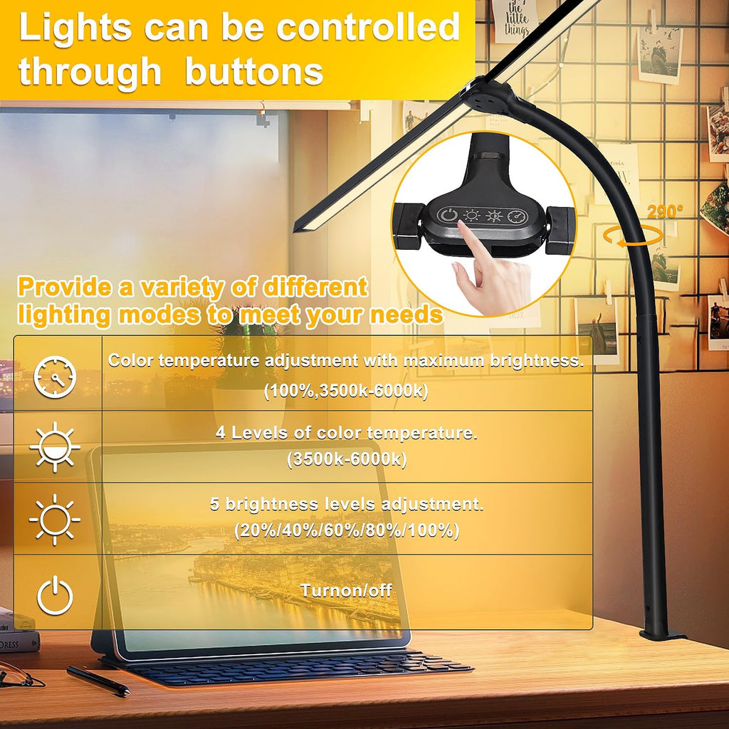 Double Head LED Desk Lamp - Eye Caring Lamp with Clamp