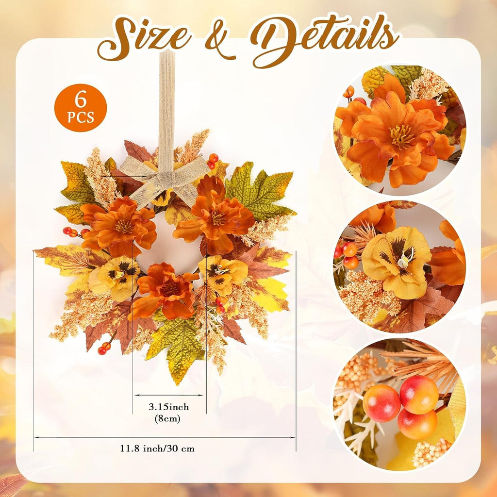 Fall Wreath Cabinets Artificial Flower Door Wreath Autumn Table Centerpiece Farmhouse Hanging Floral Rings - Set of 6