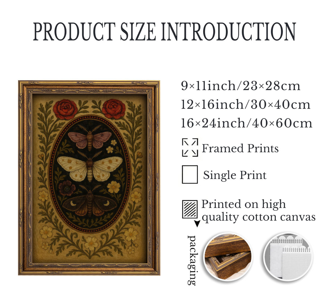 Vintage Gold Framed Butterfly Wall Art, Moody Moth Oil Painting Canvas Prints, Victorian Rose Gothic Picture Wall