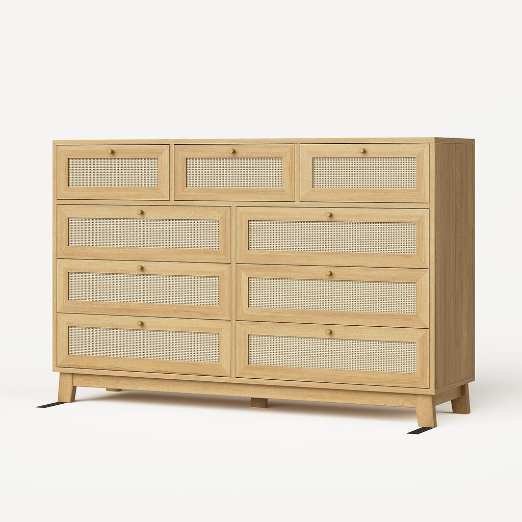 Rattan Dresser with 9 Drawer, Modern Wooden Long Bedroom Dresser, Chest of Drawers with Metal Handle & Solid Wood