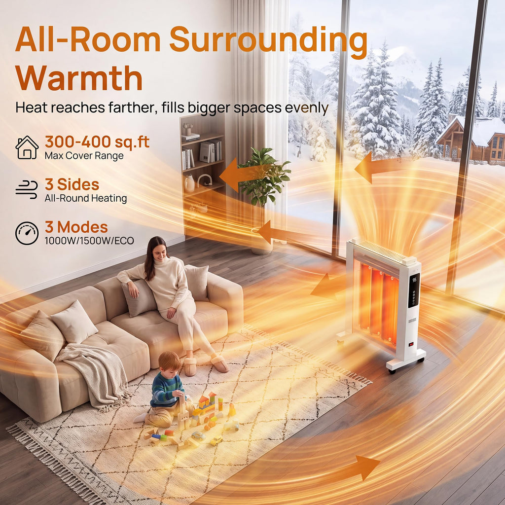 26" Space Heater for Large Room, 1500w Electric Mica Panel Heater, 3 Sides Heating, 12H Timer, Remote, 3 Modes