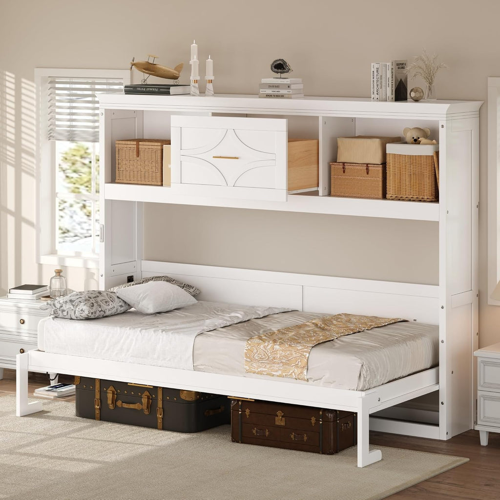 Farmhouse Wood Murphy Bed Chest with Charging Station & Drawer, Storage Wall Bed with Wood Slat Support/Space Saving