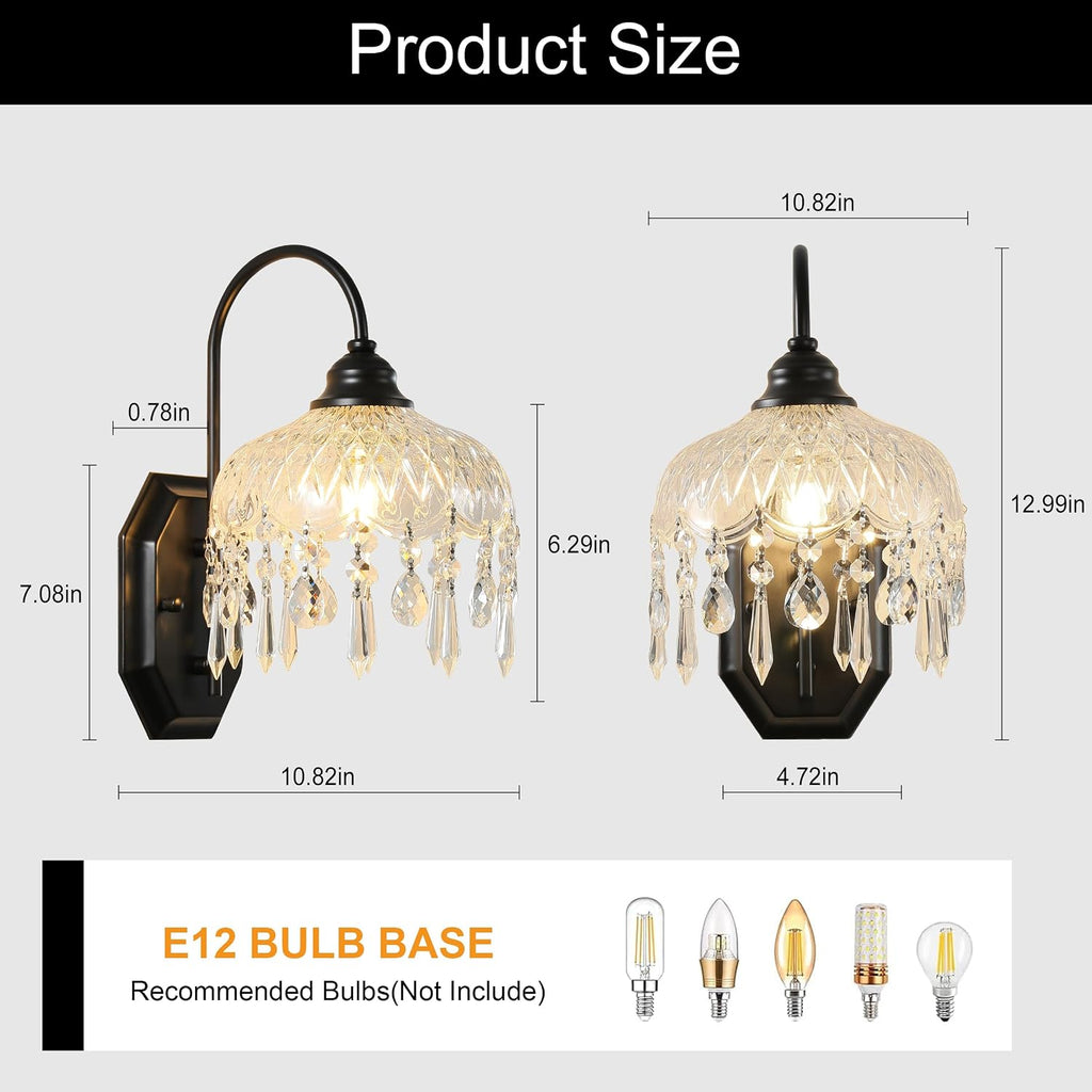 2-Pack Vintage Glass Crystal Wall Sconce, Matte Antique Black Finish, for Bedroom Bathroom Hallway Living Room