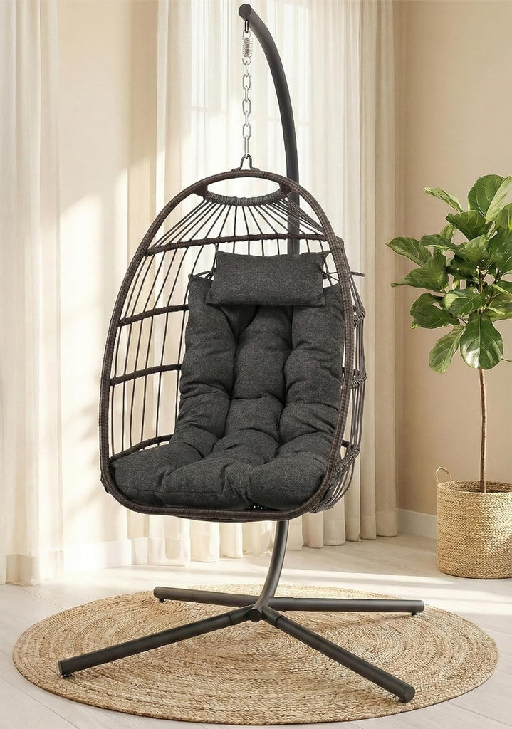 Hanging Egg Chair with Stand - Wicker Rattan Outdoor Swing Chair, Powder-Coated Steel Frame, Padded Cushion &