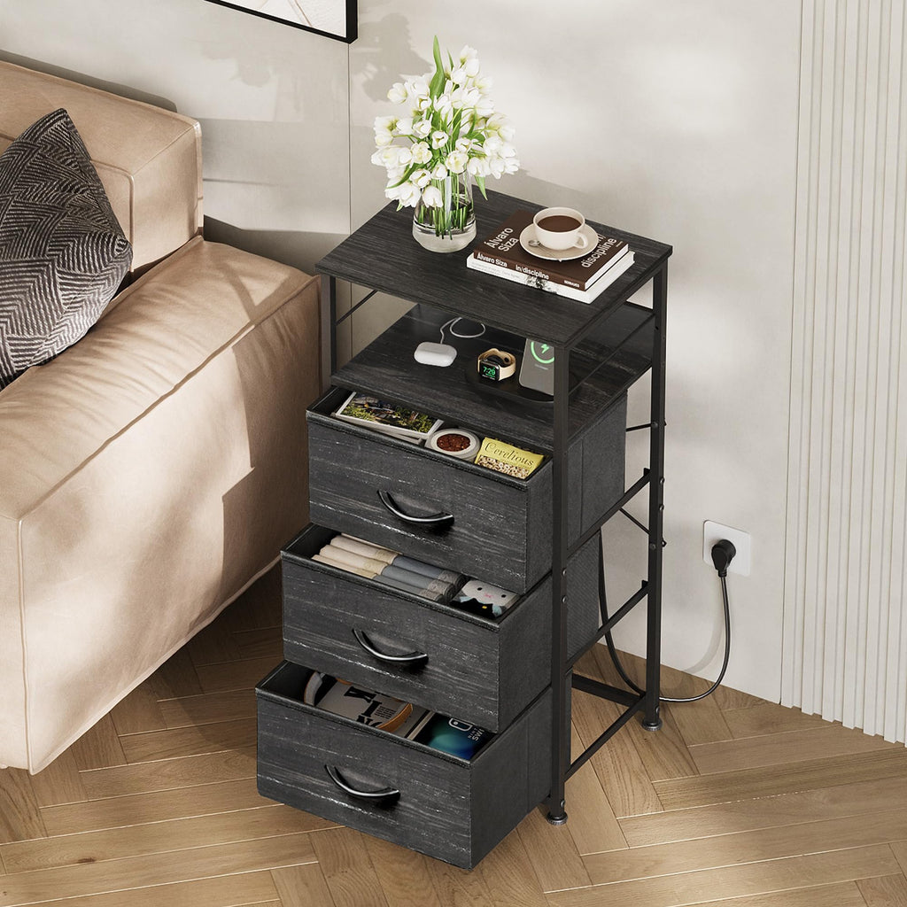 Night Stand with Charging Station, Charcoal Black Tall Bedside Table
