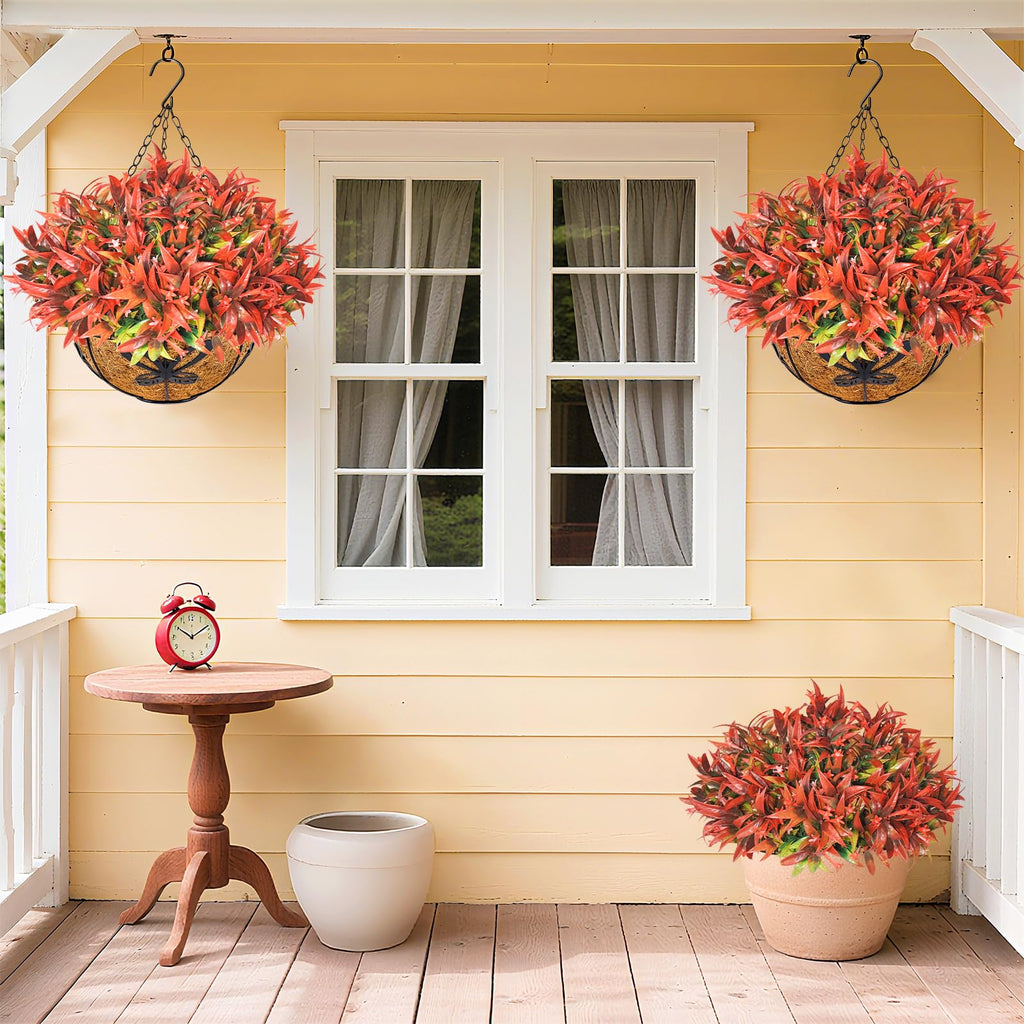 2PCS Artificial Hanging Flowers for Outdoors with Hanging Basket, 22.8" 10pcs UV Resistant Fall Faux Flowers, Fake