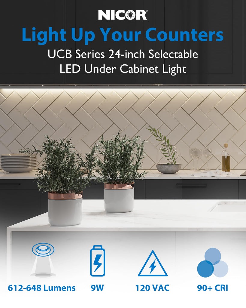 24" LED Direct Wire Under Cabinet Light with On/Off Switch - Dimmable LED Lights - Selectable CCT