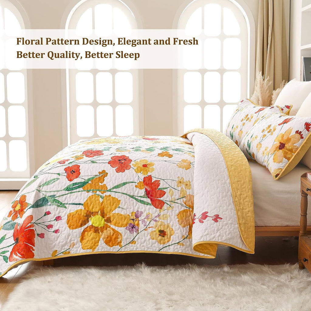 Quilt Set Queen, Yellow Floral Reversible Bedspread Soft Microfiber Lightweight Queen Quilt Bedding Sets Reversible