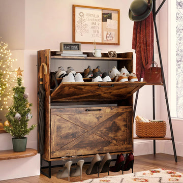 Shoe Storage Cabinet with 2 Flip Drawers, Freestanding Organizer with Metal Legs, Narrow Shoe Rack Cabinet, Rustic