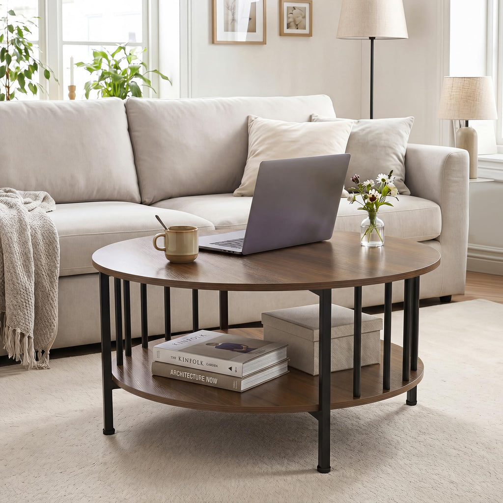 Farmhouse Round Coffee Table, 32.5" Wood Center Table with Storage & Metal Slatted Sides Frame, 2-Tier Accent