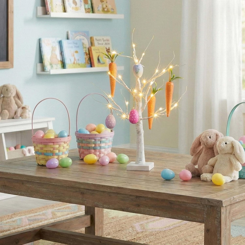 2ft. Pre-Lit Artificial Easter Egg and Carrots Ornament Twig Tree with 24 Warm White LED Lights